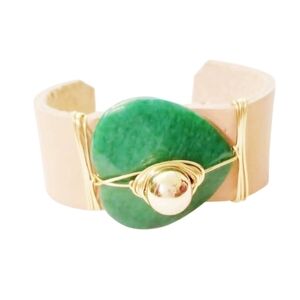 Leather and Green Agate Heart Stone Cuff Bracelet - New